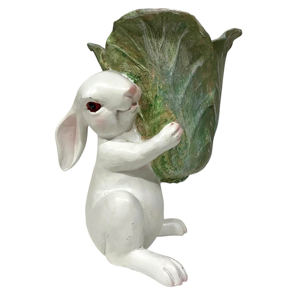 Resin Bunny Rabbit with Cabbage Vase Decor Container Tii Collections 8.5”